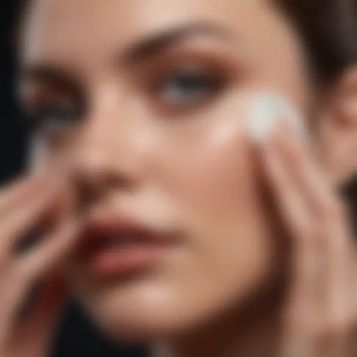 An elegant woman applying cream around her eyes, showcasing a graceful skincare routine