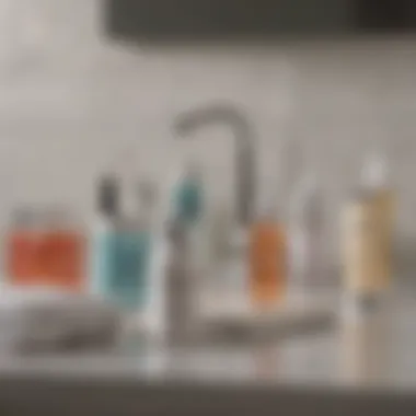 Close-up of various acne treatment products on a bathroom counter