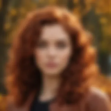 Close-up of vibrant auburn curls against a backdrop of autumn leaves