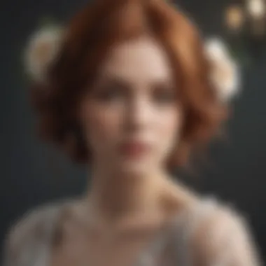 Auburn hair adorned with delicate floral accents in soft focus