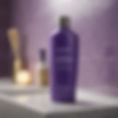 Purple shampoo bottle on a bathroom shelf