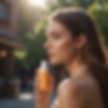 An individual applying spray sunscreen outdoors.