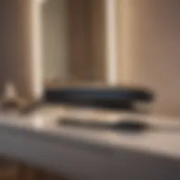 A sleek hair straightener resting on a vanity