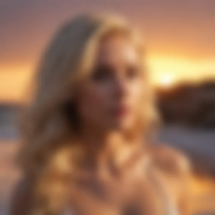 Woman with flowing blonde hair by a beach at sunset