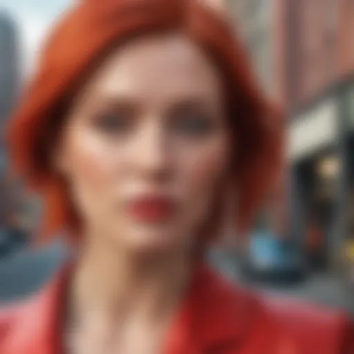 Woman with vibrant red hair against a city backdrop