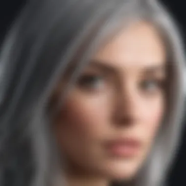 Close-up of grey hair strands reflecting light, demonstrating healthy shine and vibrancy