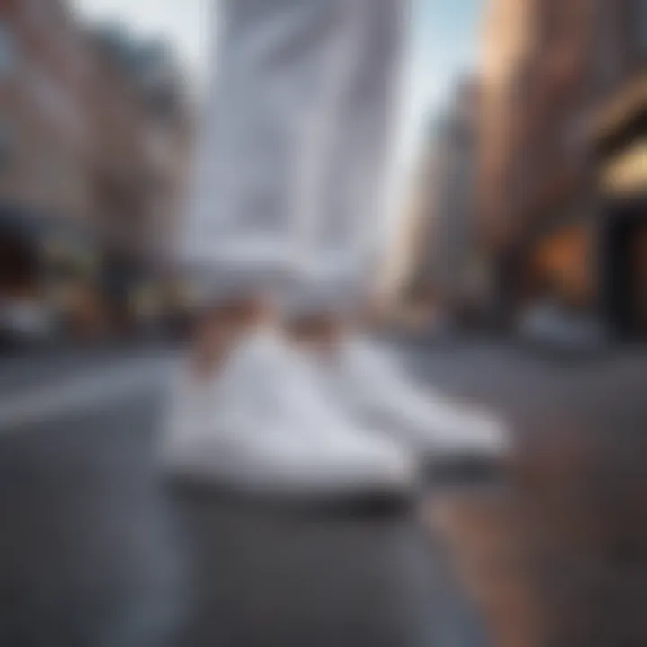 Pair of all-white sneakers against urban city backdrop