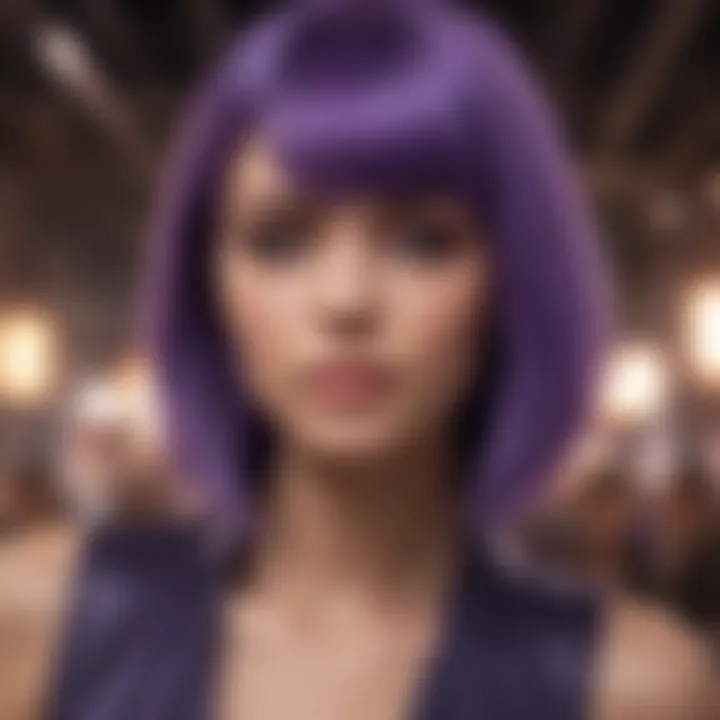 Woman with striking purple hair in a stylish outfit