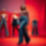 Stylish display of curvy stretch bootcut jeans on a vibrant background