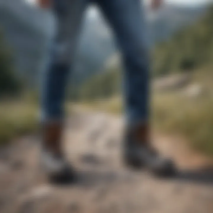 Denim jeans paired with hiking boots on mountain trail