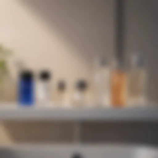 A serene bathroom shelf displaying various toners in elegant glass bottles.