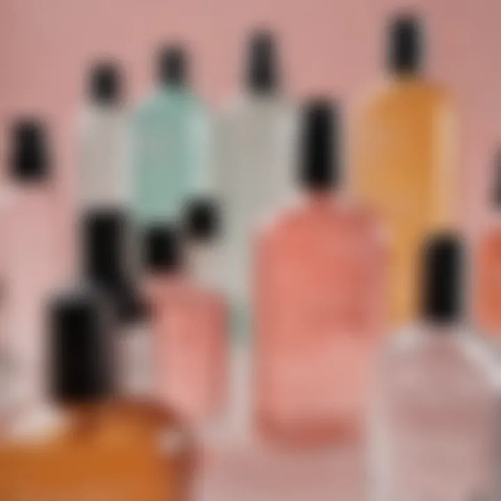 A vibrant collection of toner bottles placed alongside skincare essentials.