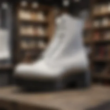 An array of Doc Martin white platform boots displayed in a fashionable retail setting