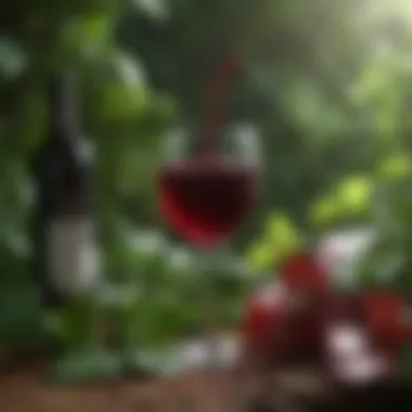 Elegant glass of red wine surrounded by lush green leaves