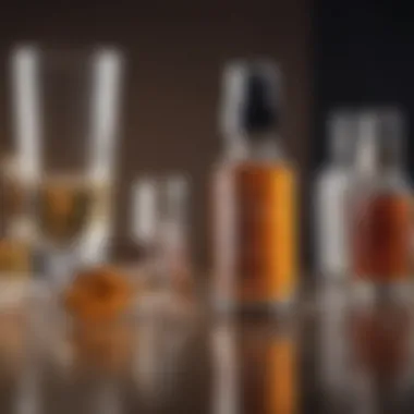 Bottle of retinol serum amidst blurred alcoholic beverage bottles