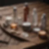 Close-up of various skincare products on a wooden surface