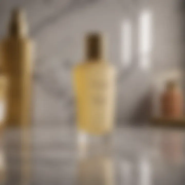 Elegant sunscreen bottle with golden accents on a marble countertop