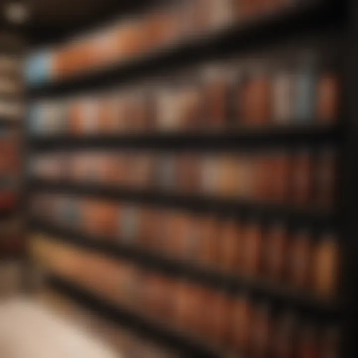 A well-organized display of self-tanner products on a shelf, showcasing various brands and formulations.