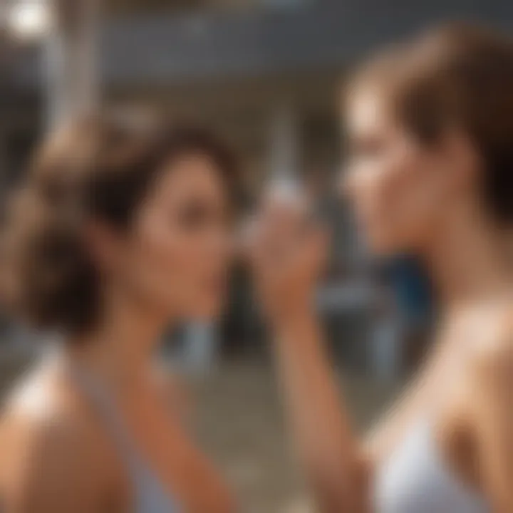 A stylist applying beach club hair spray on vibrant beachside hair