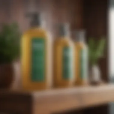 Nature-inspired shampoo bottles on a wooden shelf