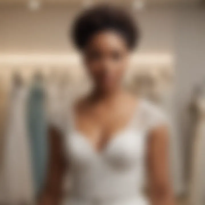 A diverse group of brides-to-be trying on dresses in a black-owned bridal shop