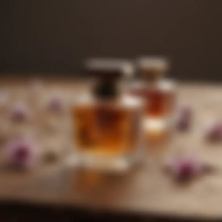 A close-up of various fragrance notes displayed on a wooden surface.