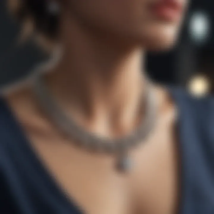 Stylish person wearing a necklace featuring a unique clasp design