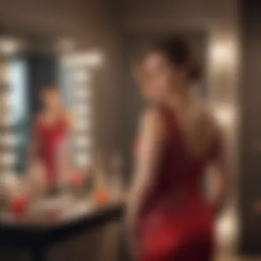 Plus size woman trying on cocktail dress in front of mirror