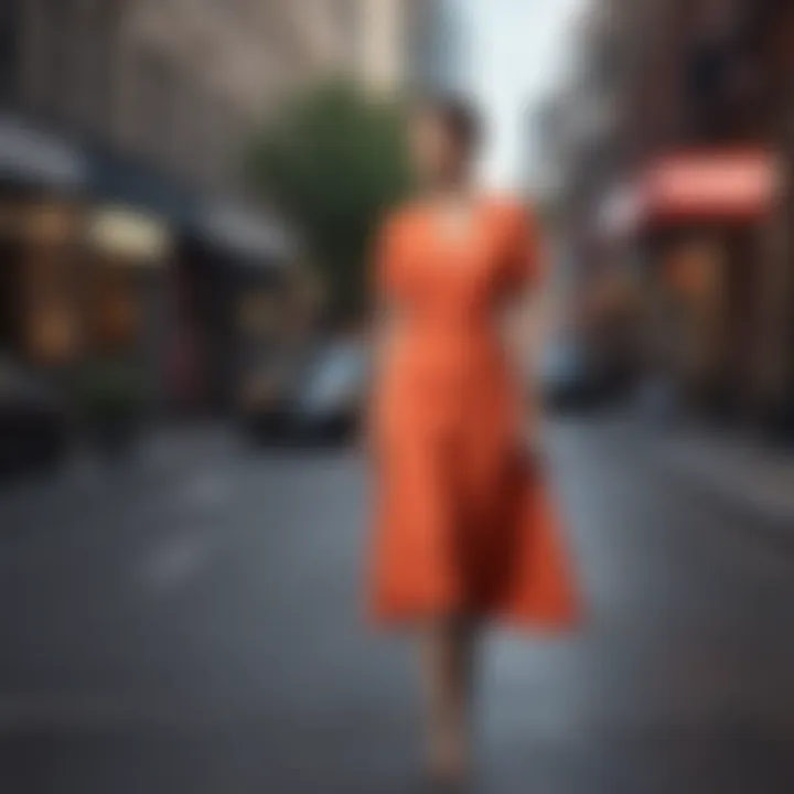 Structured midi dress in a city street setting