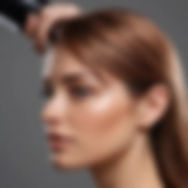 Close-up of a stylist applying temporary hair color spray on a model.