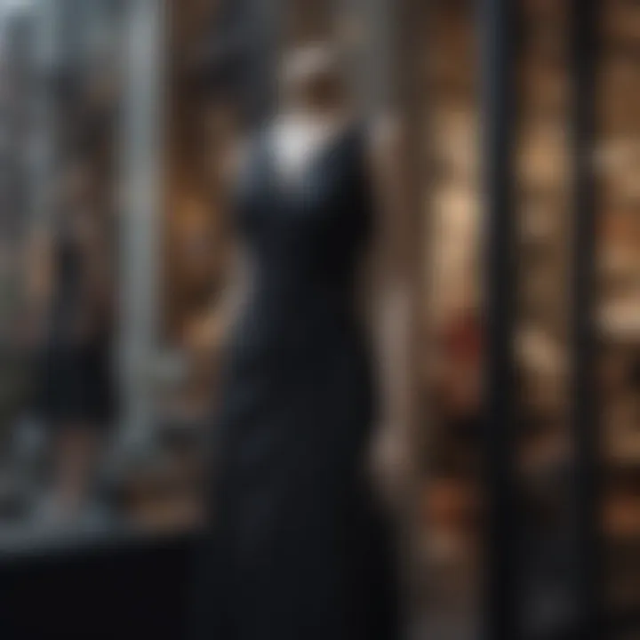 Elegantly draped black dress in store window