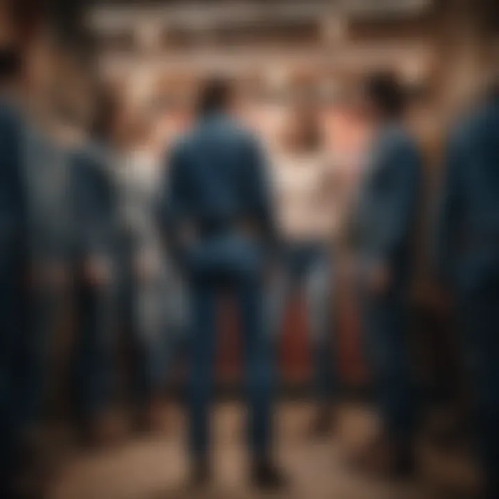 Fashion enthusiasts admiring a showcase of vintage Levi's
