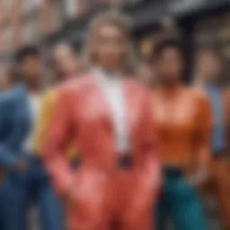 A diverse group showcasing gender neutral fashion in a vibrant urban setting.