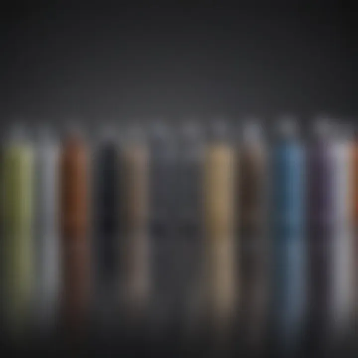 A close-up view of various hair color spray bottles showcasing diverse shades for covering gray hair.