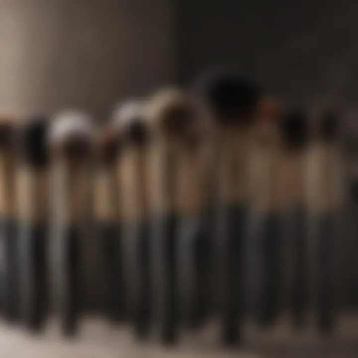 A diverse selection of makeup brushes on a vanity.