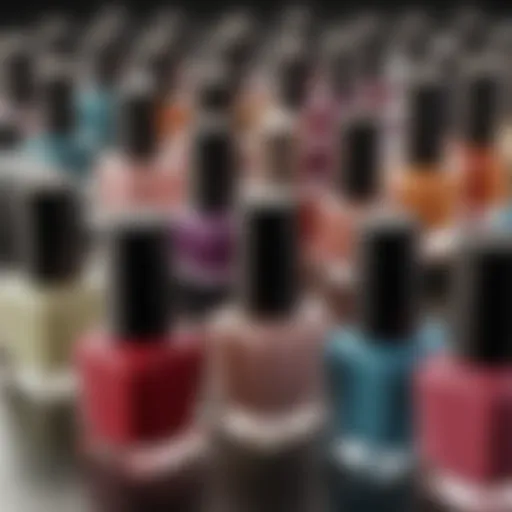 A close-up view of various nail polish bottles showcasing different colors and finishes.