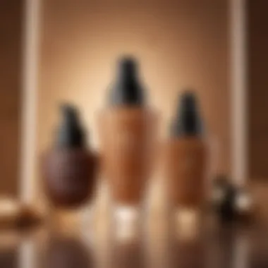 A luxury display of Lancôme foundation products and skincare essentials.