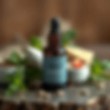 Close-up of the key ingredients of Mielle Rosemary Mint Growth Oil displayed artistically on a rustic surface.