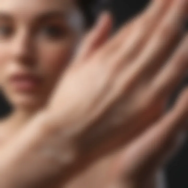 Close-up of a hand applying a light, soothing lotion onto a delicate skin surface, emphasizing texture and absorption.