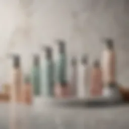 A serene image depicting a variety of face lotions in elegant packaging, arranged thoughtfully on a marble surface.