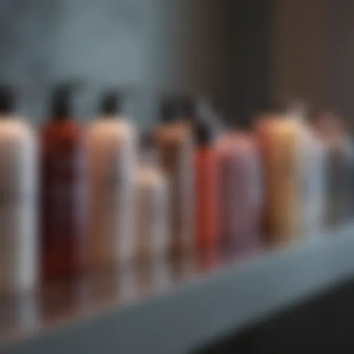 Close-up of various de-frizz products lined up on a vanity