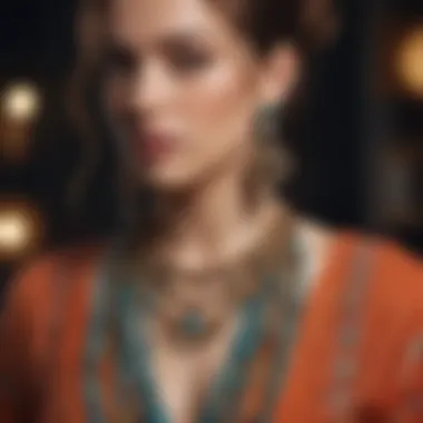 Close-up of unique accessories like layered necklaces and statement earrings paired with professional attire.