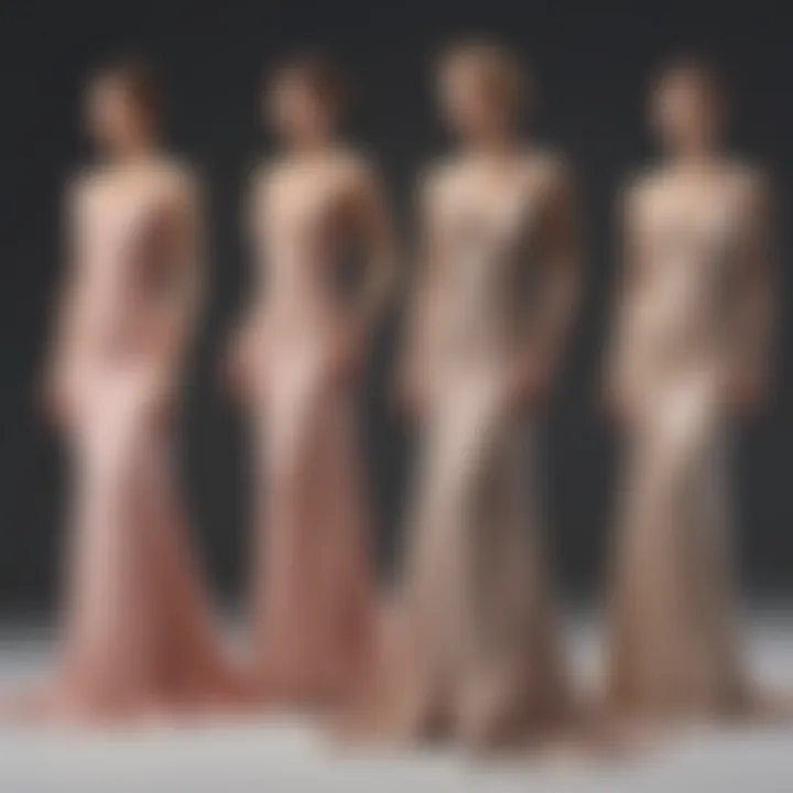 A collection of diverse petite evening gowns arranged in a stylish manner