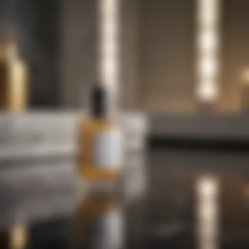 A serene night scene featuring a luxurious night serum bottle on a marble vanity.