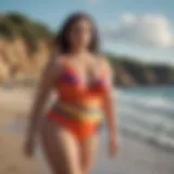 A vibrant plus size one piece swimsuit displayed on a beach setting.