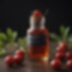 Close-up of rosehip oil in a glass vial surrounded by rosehips