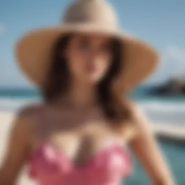 Trendy ruffle top swimwear paired with wide-brim hat