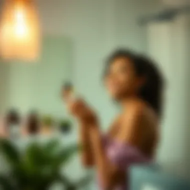 User Experience with Mielle Rosemary Mint Growth Oil A satisfied user applying Mielle Rosemary Mint Growth Oil in a serene bathroom setting.