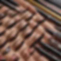 Close-up of various eyeliner types arranged neatly