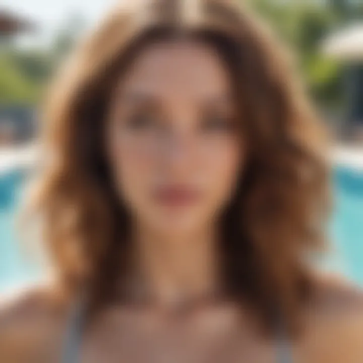 A close-up of healthy hair strands glistening under sunlight, juxtaposed with a pool in the background.